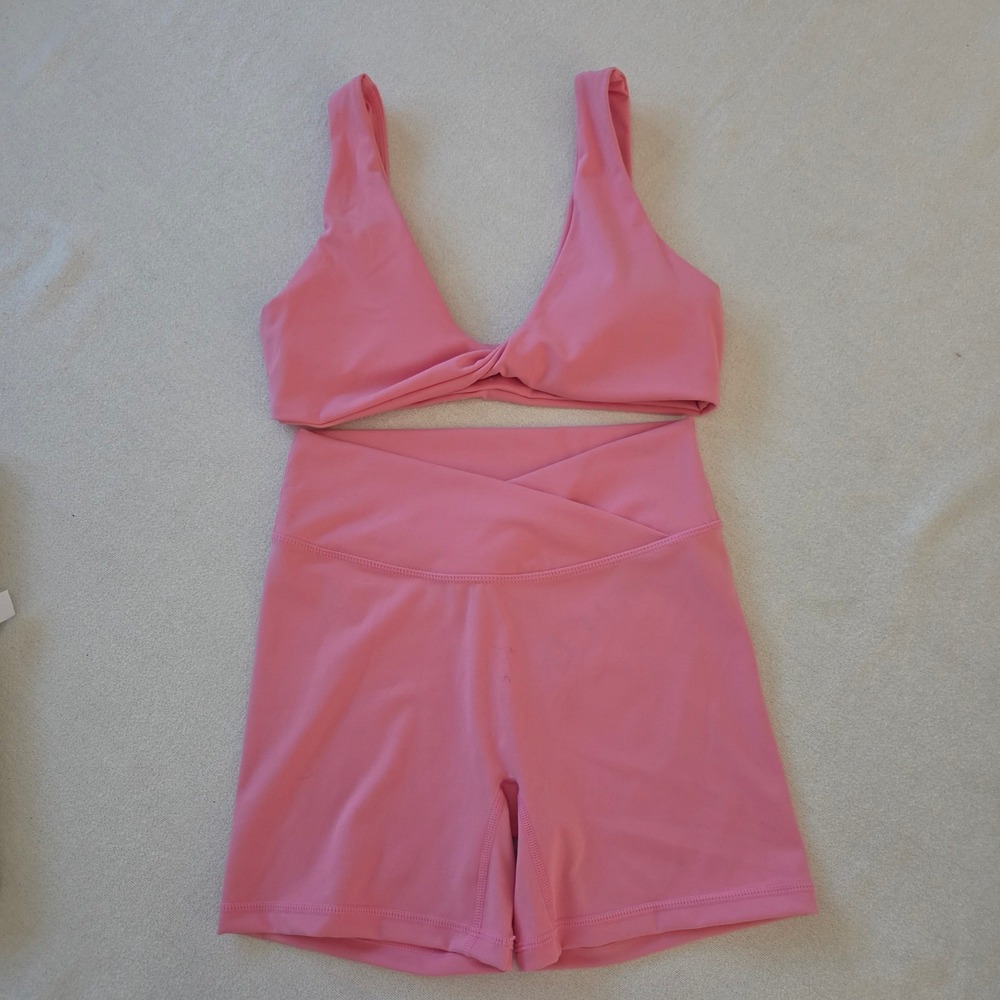 WILO The Label Bright Pink Twist Bra V-Waist Short Set Small NWT